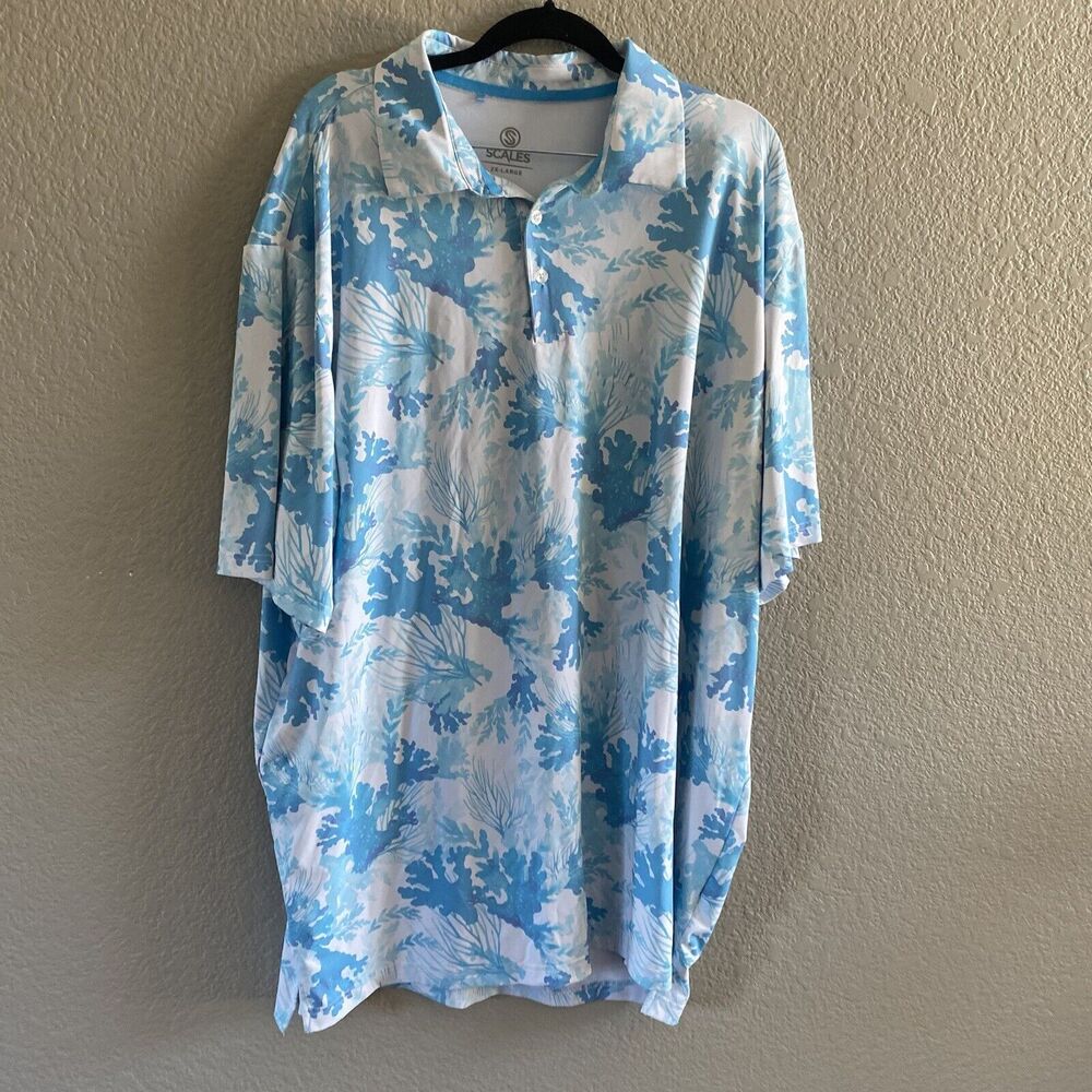 Scales Polo shirt Mens 2xL XXL Blue Coral Reef Tropical Golf Short Sleeve